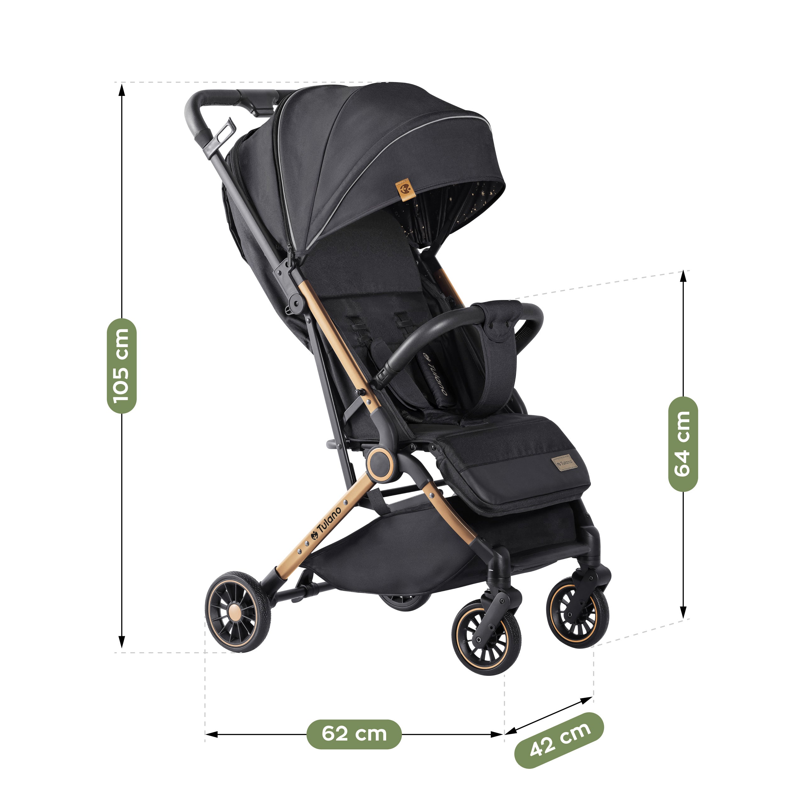 Passeggino per bambini Tulano Milan Oro-Nero, pieghevole, fino a 22 kg