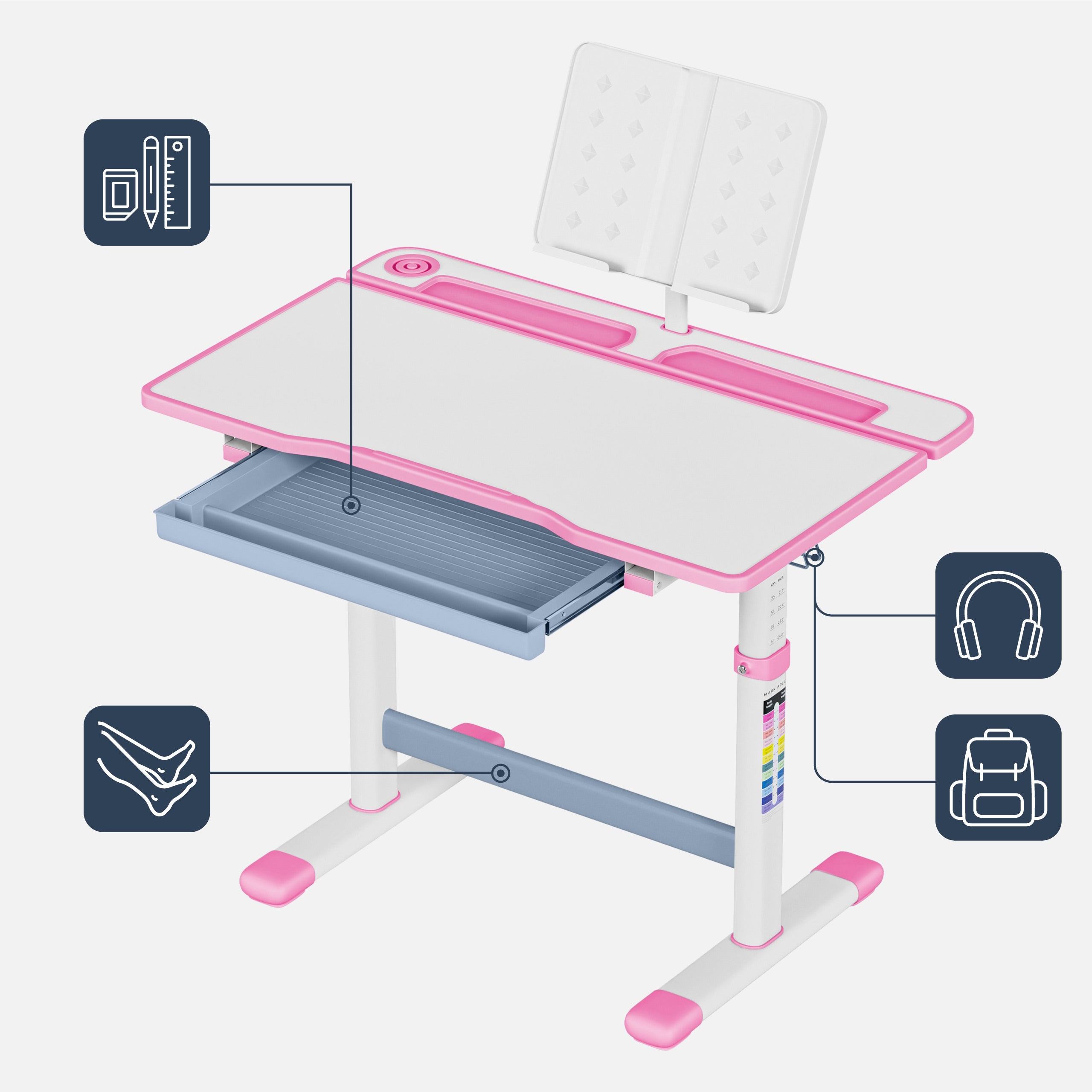 Scrivania ergonomica per bambini Mark Adler Study 3.0 Pink 66 cm